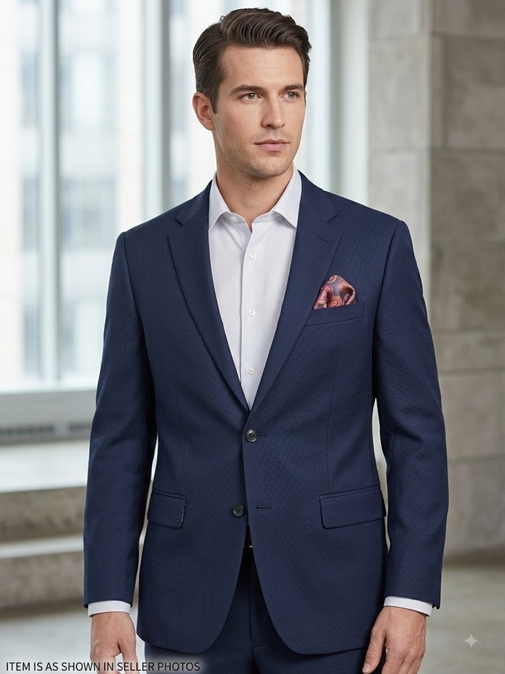 Nautica Modern Fit Navy Blue Suit Jacket Blazer Pocket Square Mens 48R